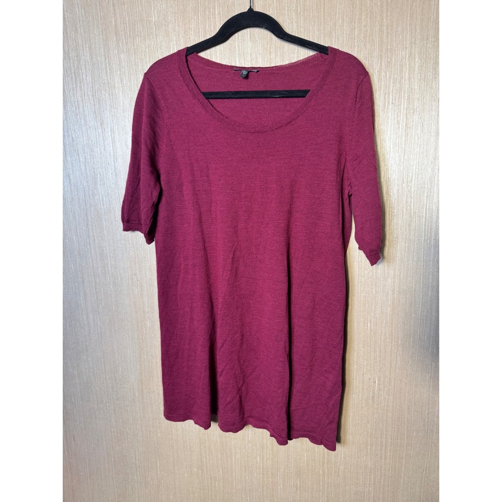 Eileen Fisher Womens Large 100% Wool Scoop Neck Elbow Sleeve Sweater Burgundy